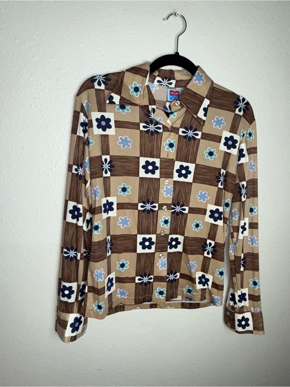 Vintage Retro Floral Checkerboard Nylon Blouse L Large